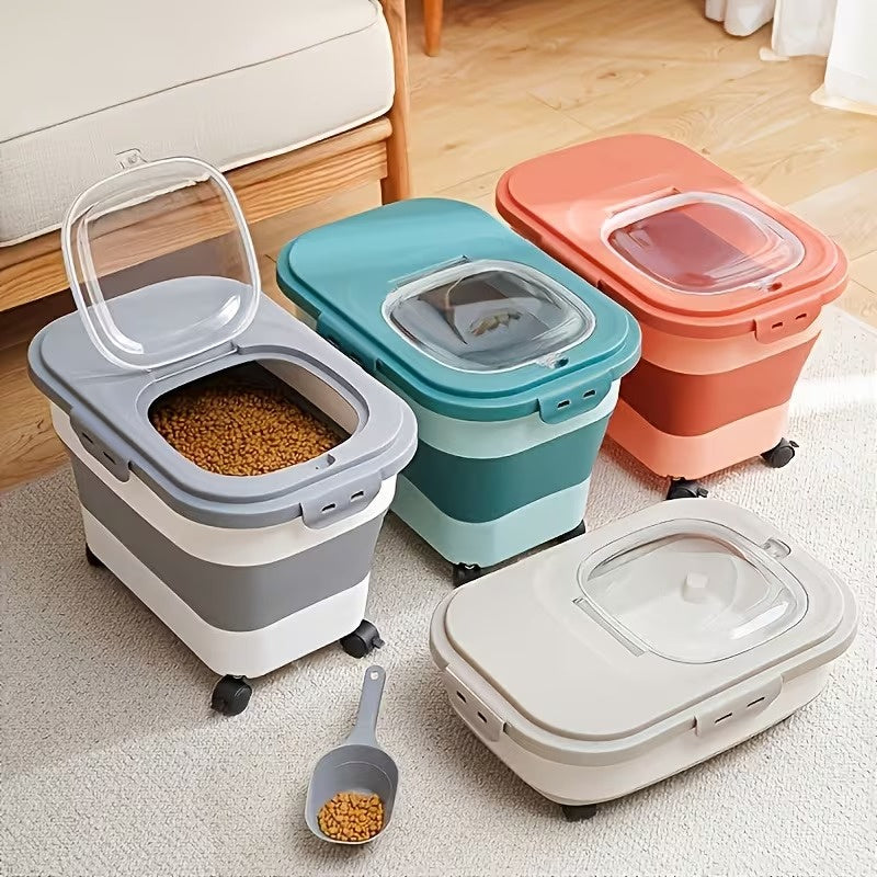 Collapsible Pet Food Storage Container with Wheels, Airtight Large Capacity Dog and Cat Food Bin for 5-30 lbs, Moisture Resistant Storage Box with Lid for Pet Food, Grain and Flour