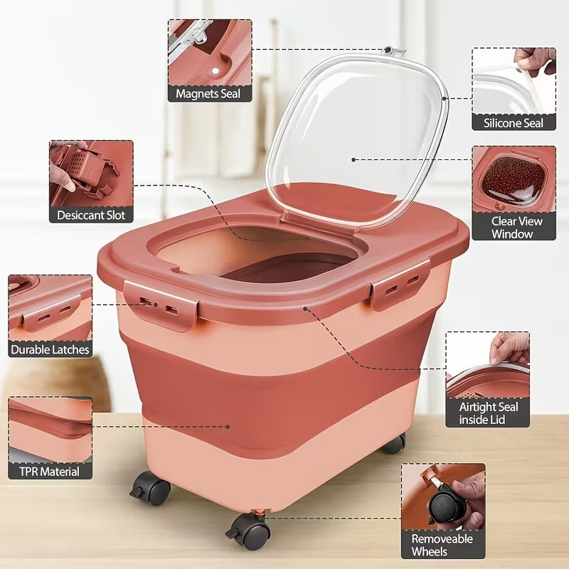 Collapsible Pet Food Storage Container with Wheels, Airtight Large Capacity Dog and Cat Food Bin for 5-30 lbs, Moisture Resistant Storage Box with Lid for Pet Food, Grain and Flour