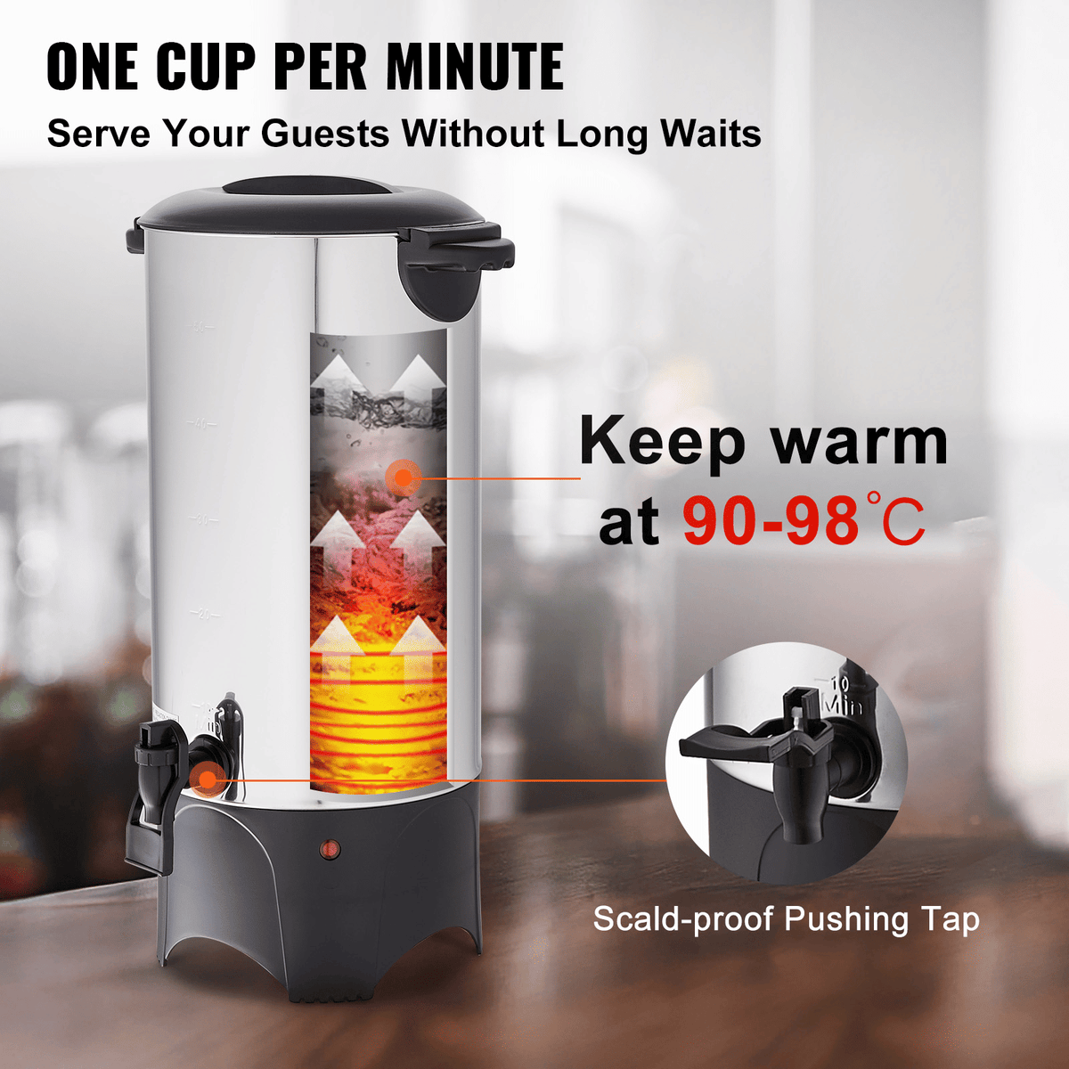 Commercial Coffee Urn (50-cup capacity), Stainless Steel Coffee Dispenser – Fast-Brew Function; drip coffee maker; stainless steel drip coffee maker; suitable for restaurants, offices, coffee shops