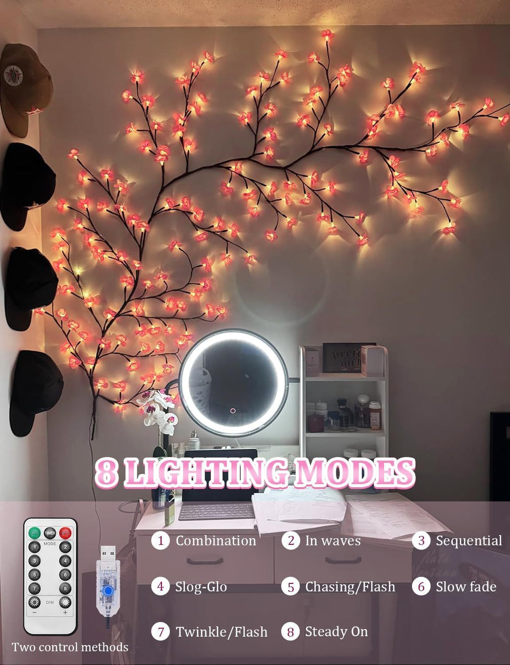 The cherry blossom branches can be customized. The LED tree-shaped lamp is 7.55 feet long and has 148 LEDs. It is suitable for wall decoration and can be used in various festivals and scenarios.