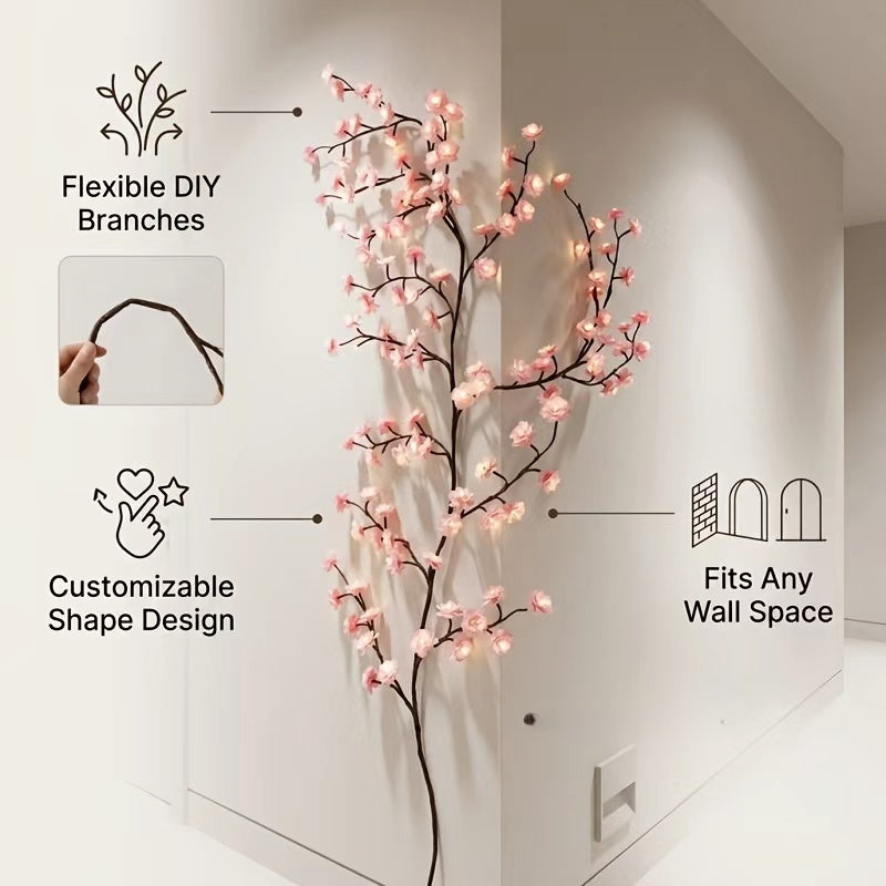 The cherry blossom branches can be customized. The LED tree-shaped lamp is 7.55 feet long and has 148 LEDs. It is suitable for wall decoration and can be used in various festivals and scenarios.