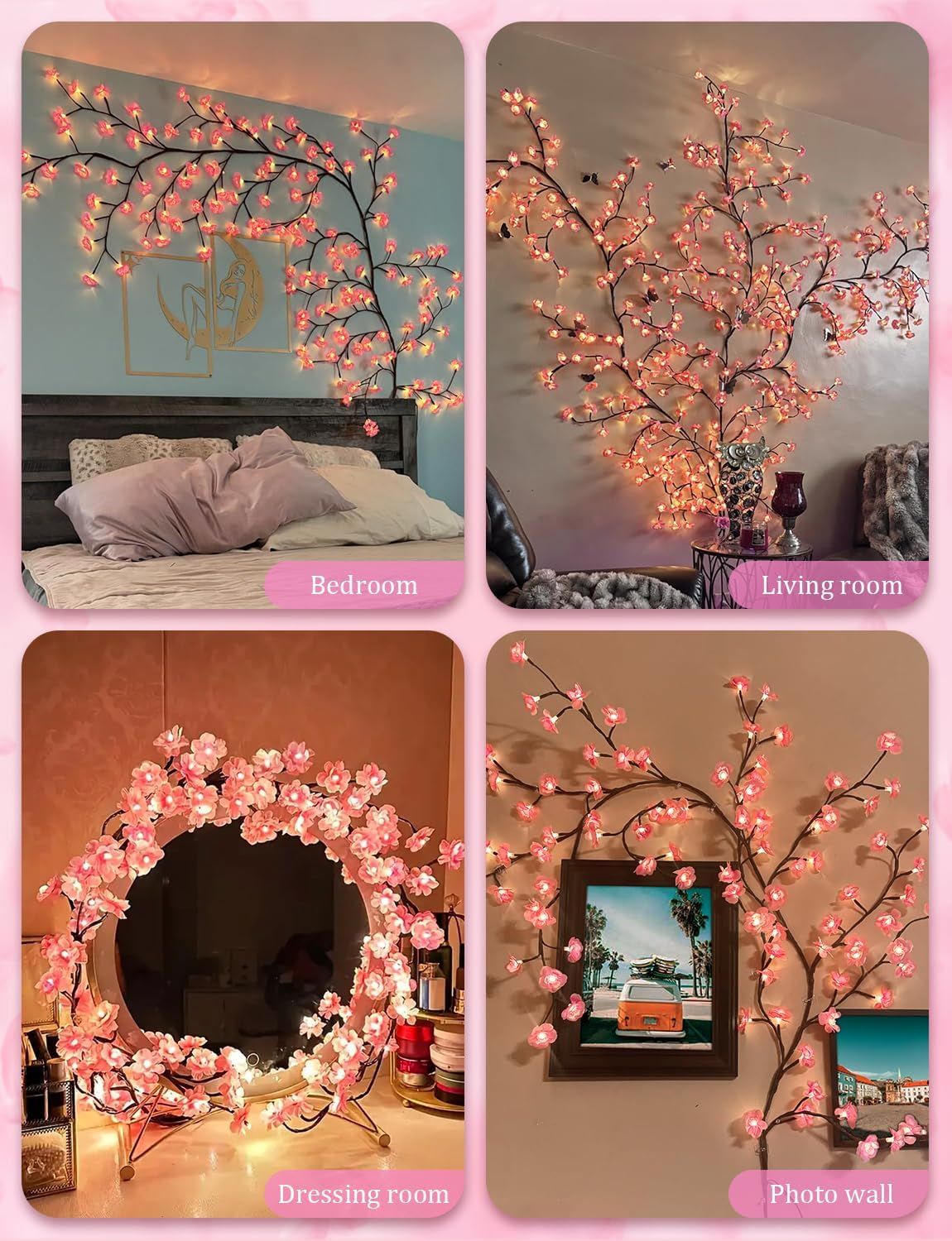 The cherry blossom branches can be customized. The LED tree-shaped lamp is 7.55 feet long and has 148 LEDs. It is suitable for wall decoration and can be used in various festivals and scenarios.