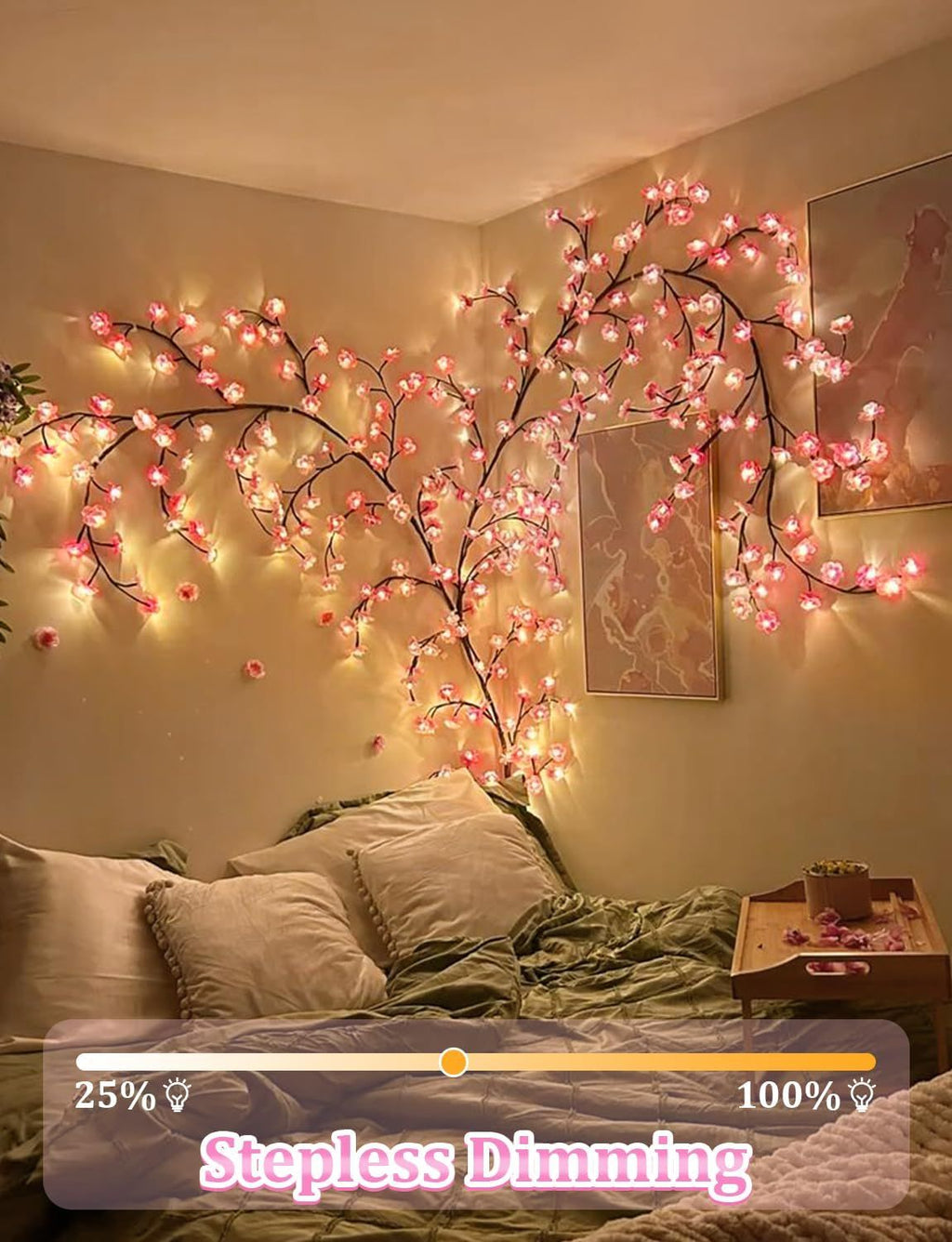 The cherry blossom branches can be customized. The LED tree-shaped lamp is 7.55 feet long and has 148 LEDs. It is suitable for wall decoration and can be used in various festivals and scenarios.