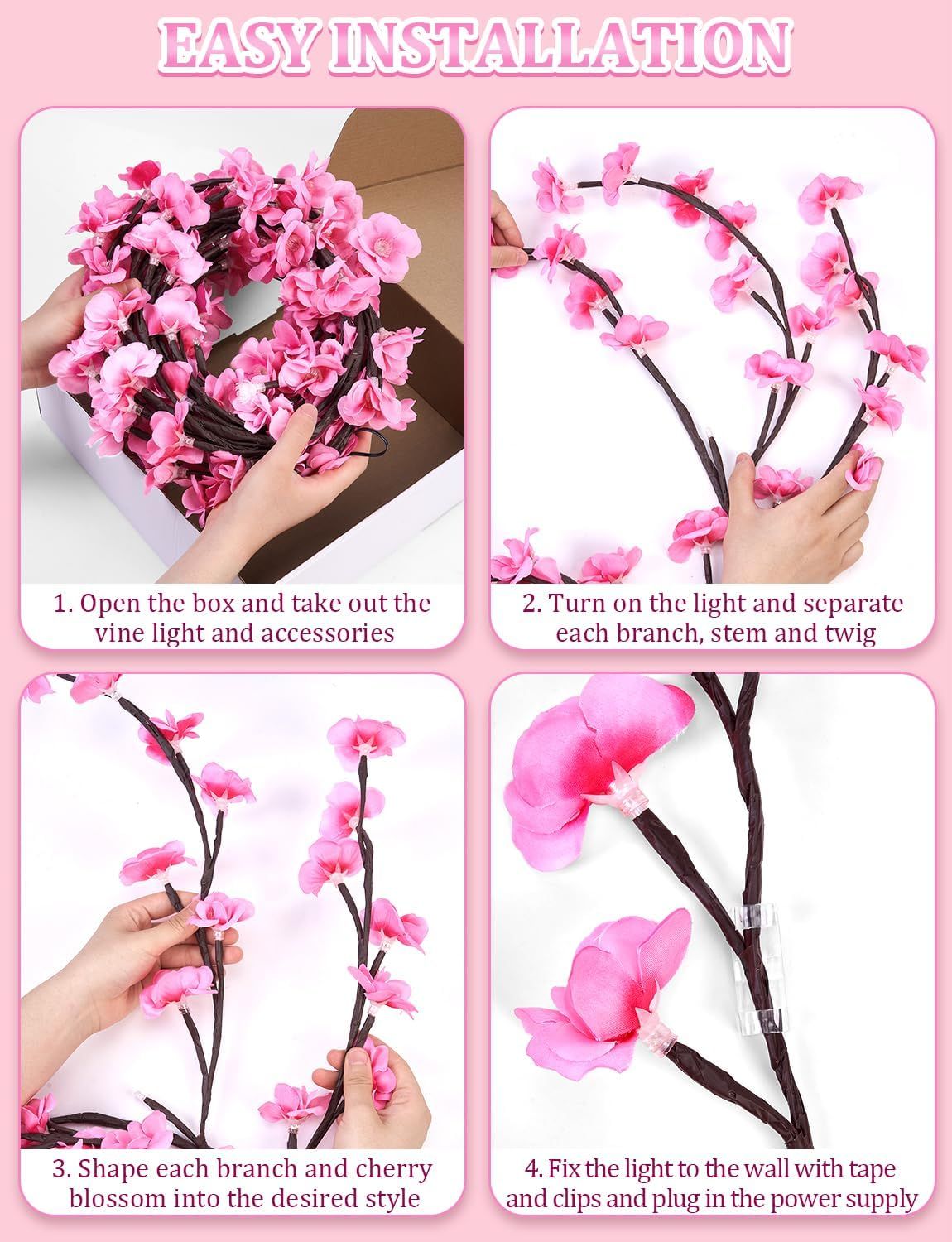 The cherry blossom branches can be customized. The LED tree-shaped lamp is 7.55 feet long and has 148 LEDs. It is suitable for wall decoration and can be used in various festivals and scenarios.