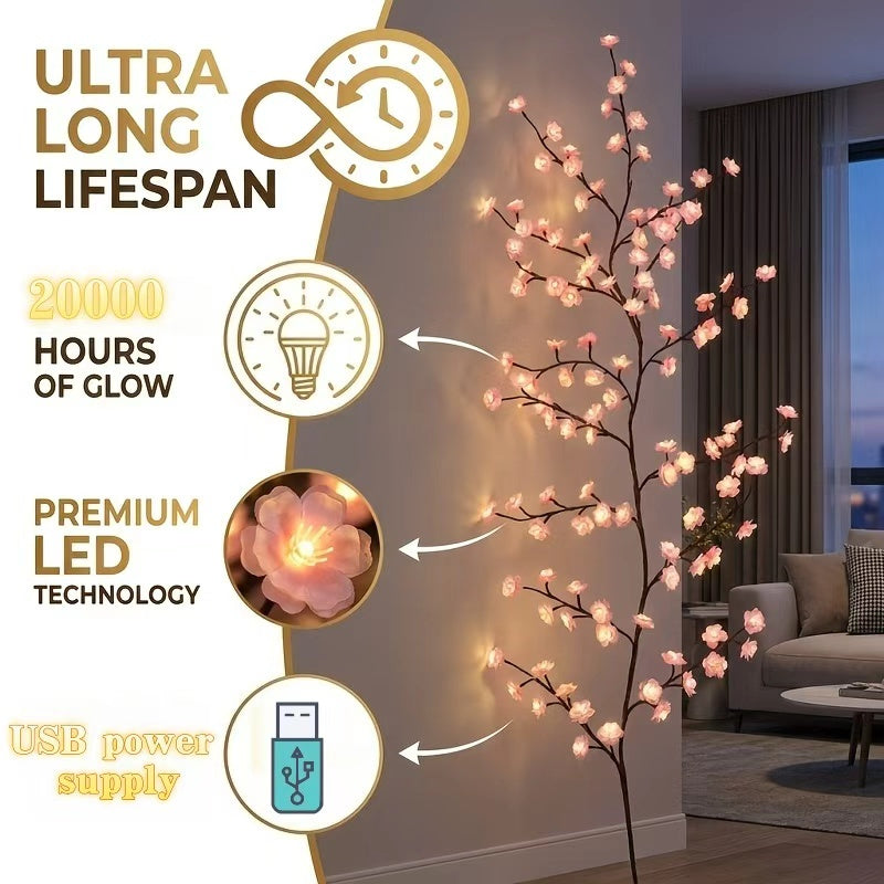 The cherry blossom branches can be customized. The LED tree-shaped lamp is 7.55 feet long and has 148 LEDs. It is suitable for wall decoration and can be used in various festivals and scenarios.