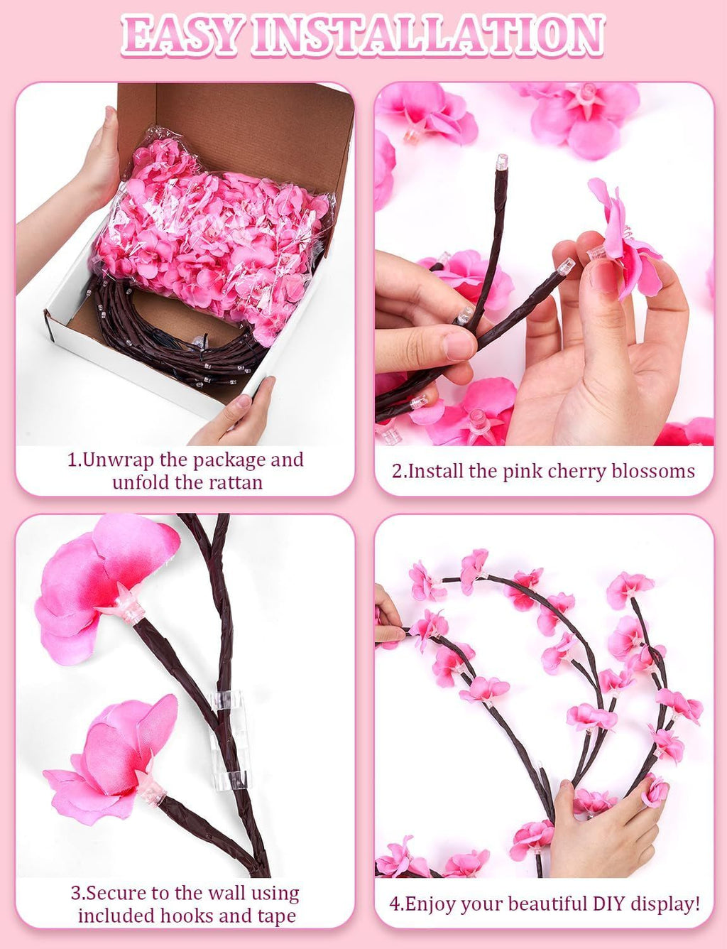 The cherry blossom branches can be customized. The LED tree-shaped lamp is 7.55 feet long and has 148 LEDs. It is suitable for wall decoration and can be used in various festivals and scenarios.