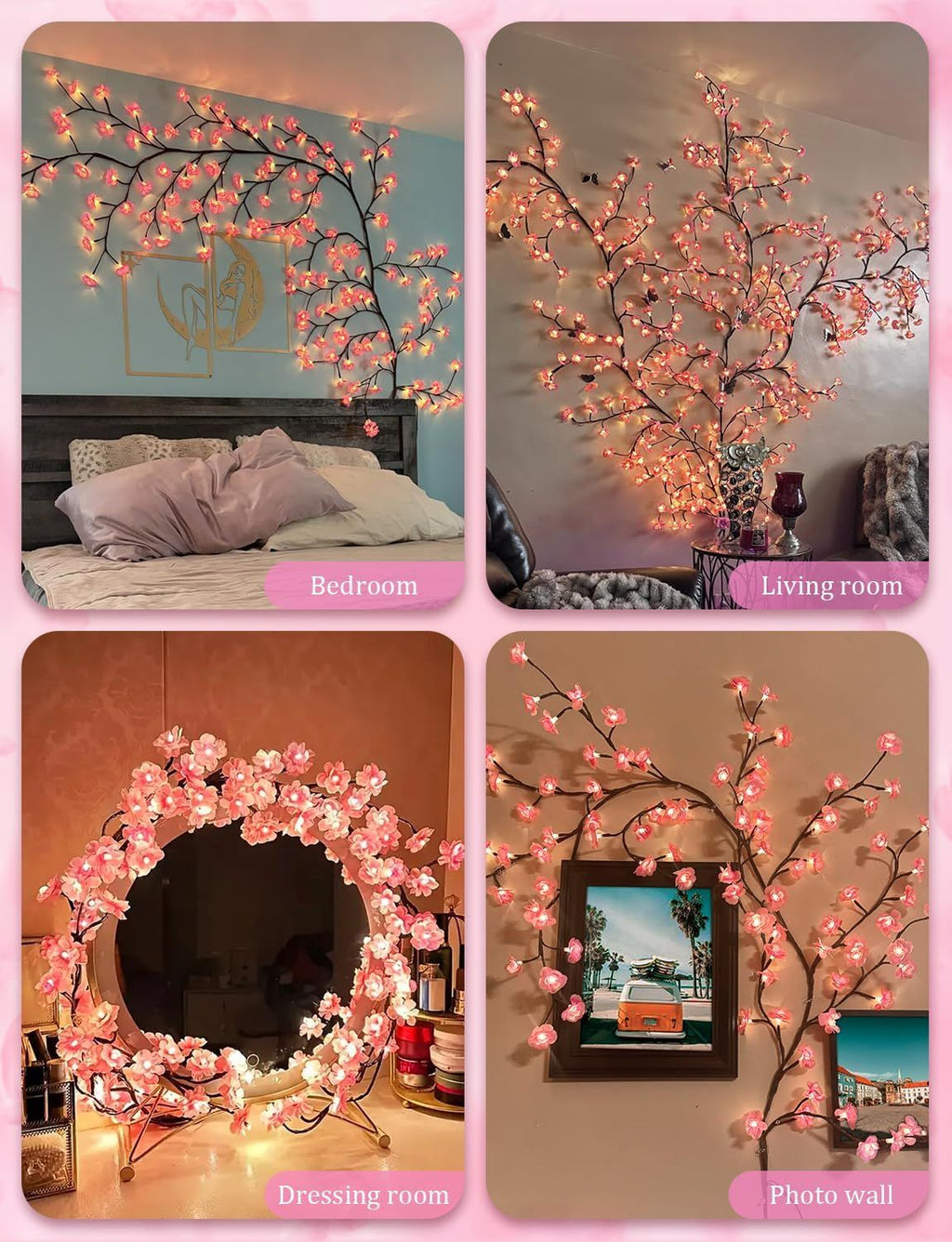 The cherry blossom branches can be customized. The LED tree-shaped lamp is 7.55 feet long and has 148 LEDs. It is suitable for wall decoration and can be used in various festivals and scenarios.