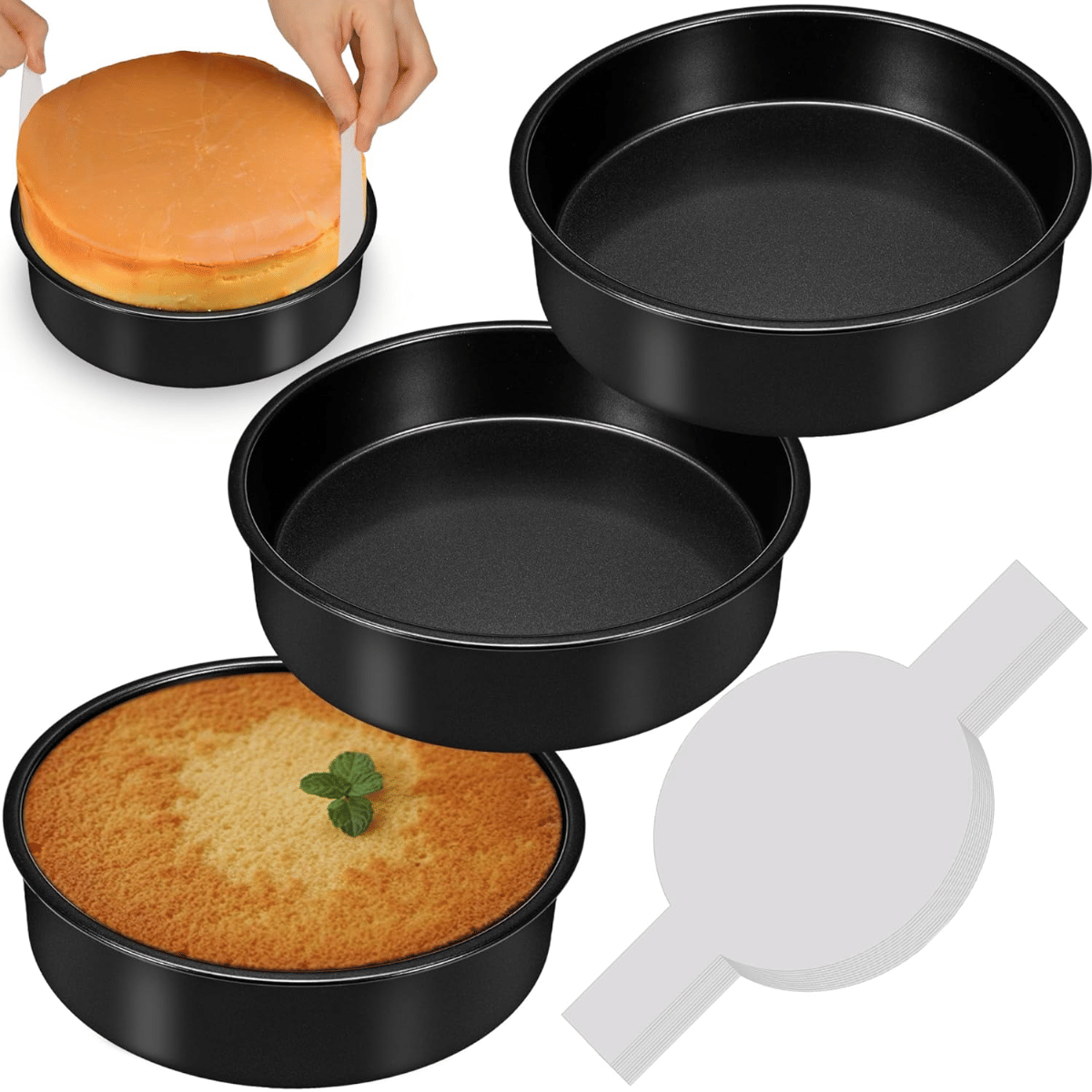 8-inch cake mold set (3 pieces), non-stick baking mold set, includes 90 sheets of pre-cut baking paper, suitable for multi-layer cakes and round cake molds, perfect for birthday and Christmas baking.