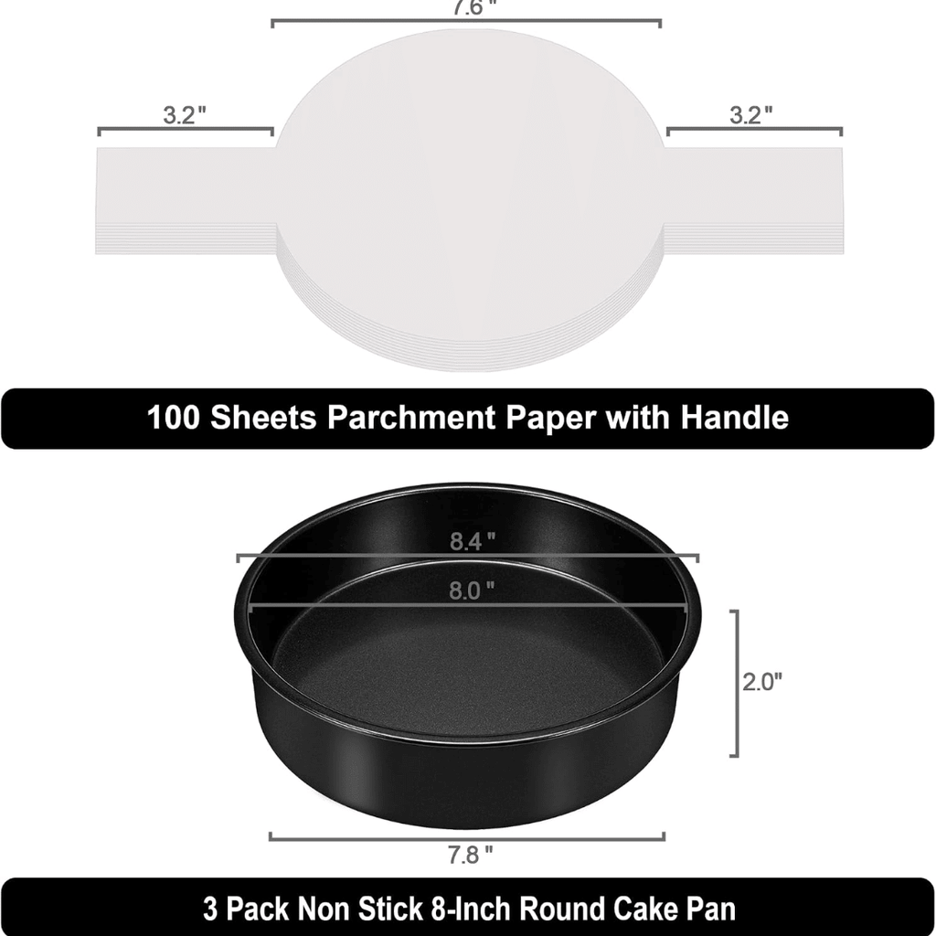 8-inch cake mold set (3 pieces), non-stick baking mold set, includes 90 sheets of pre-cut baking paper, suitable for multi-layer cakes and round cake molds, perfect for birthday and Christmas baking.