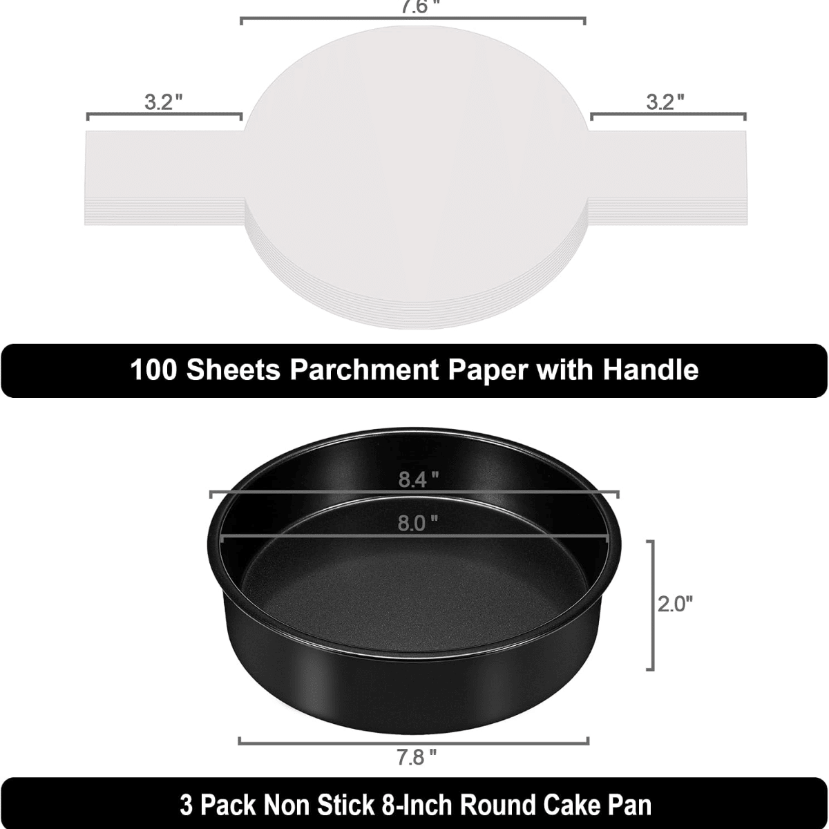 8-inch cake mold set (3 pieces), non-stick baking mold set, includes 90 sheets of pre-cut baking paper, suitable for multi-layer cakes and round cake molds, perfect for birthday and Christmas baking.