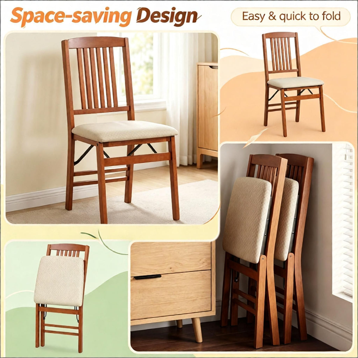 Set of 4 Foldable Upholstered Kitchen Chairs with Padded Seat Comfortable Dining Room Furniture
