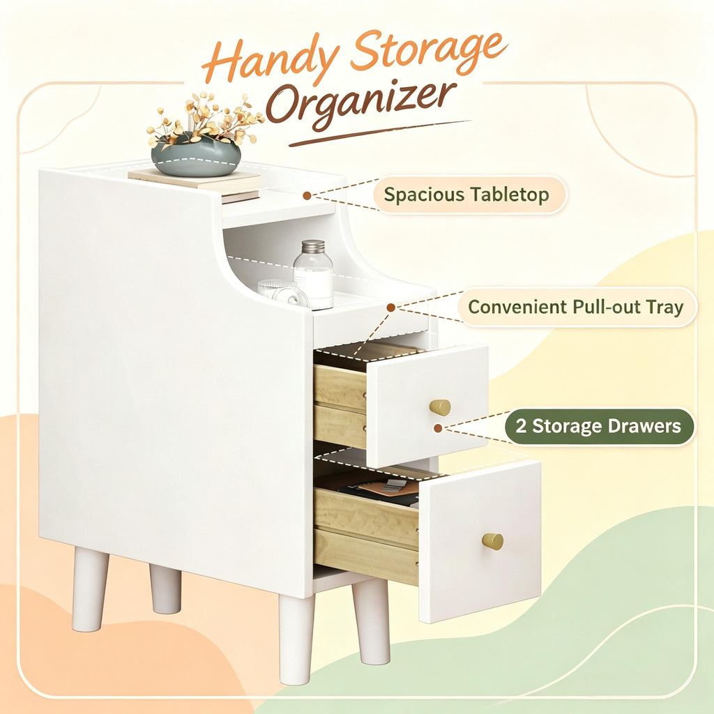 Wood Night Stand Set of 2 with Pull-out Tray And 2 Storage Drawers Bedroom Side Table