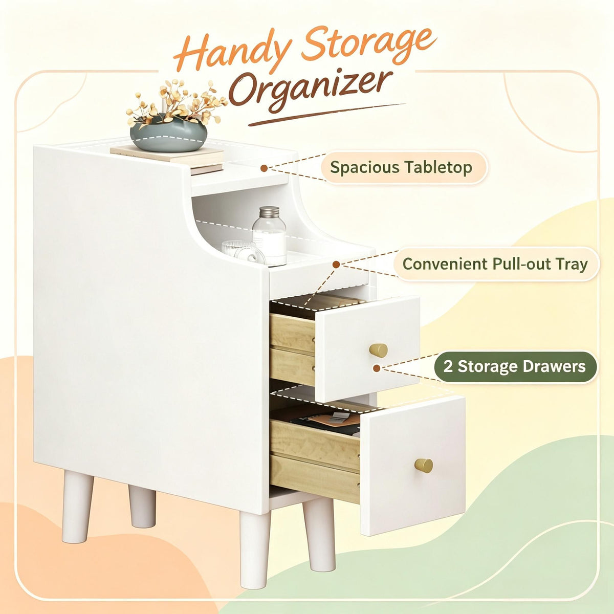 Wood Night Stand Set of 2 with Pull-out Tray And 2 Storage Drawers Bedroom Side Table
