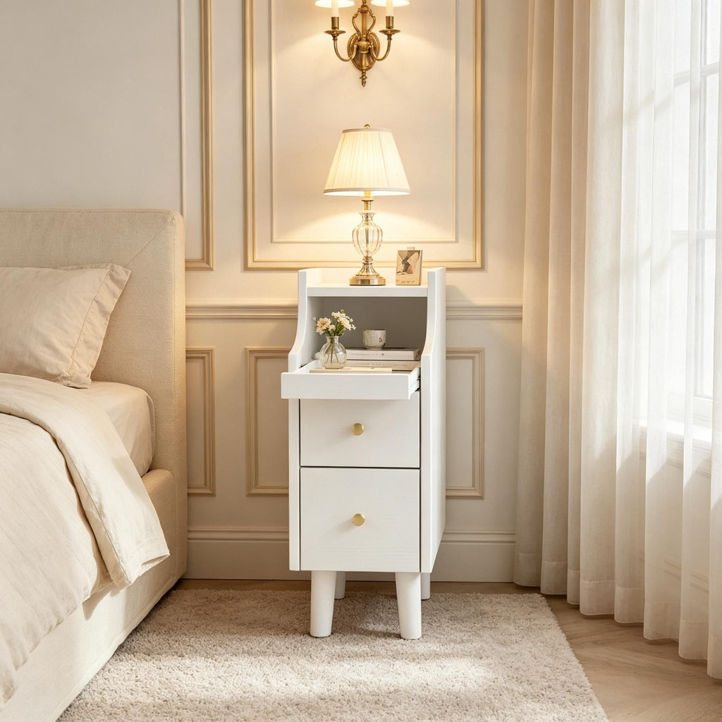 Wood Night Stand Set of 2 with Pull-out Tray And 2 Storage Drawers Bedroom Side Table