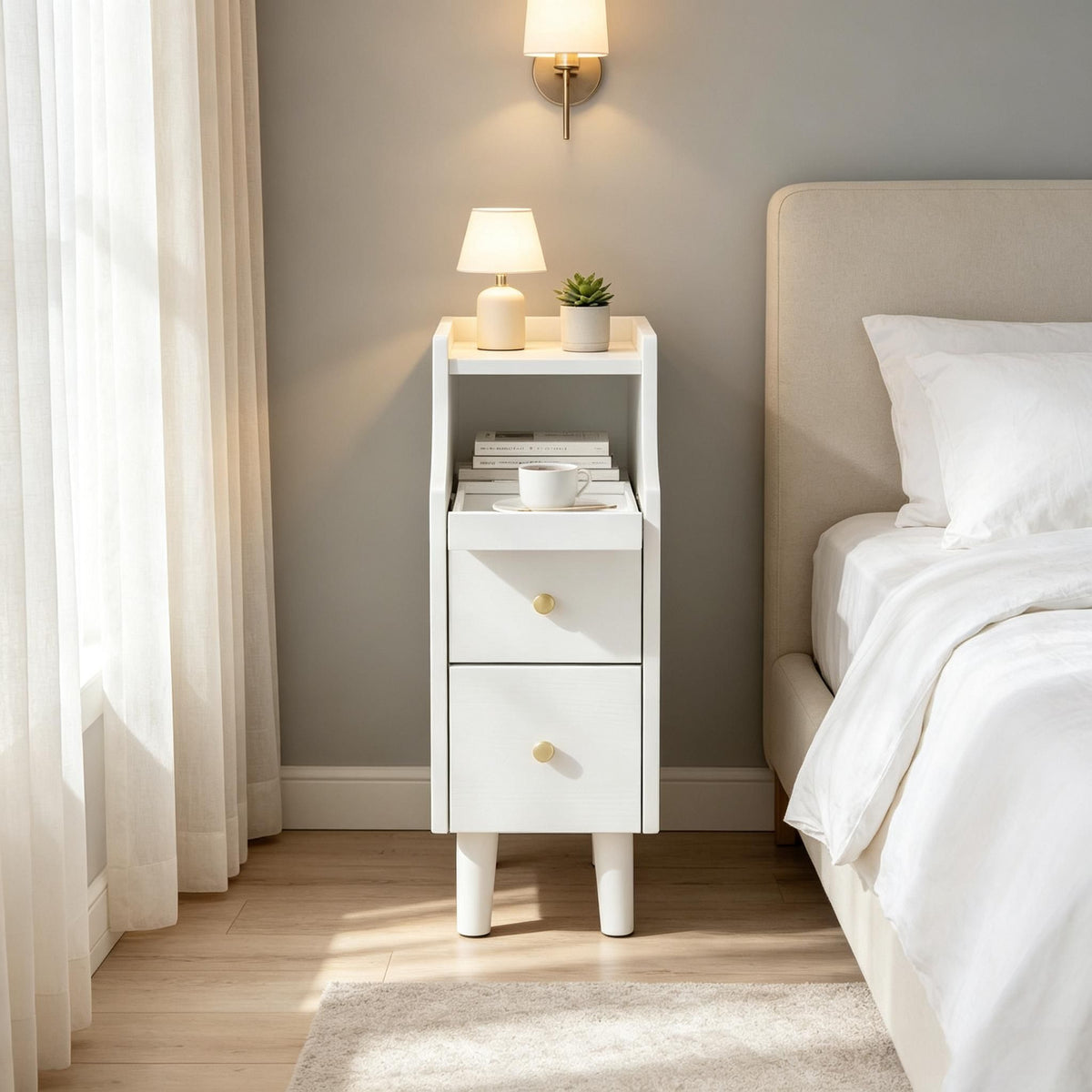 Wood Night Stand Set of 2 with Pull-out Tray And 2 Storage Drawers Bedroom Side Table