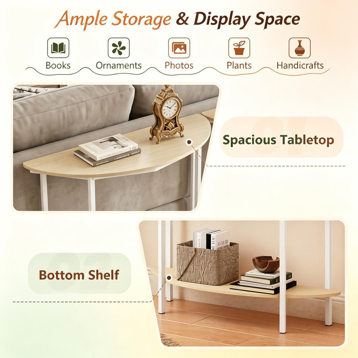 Half Moon Console Table 40 Inch 2-Tier Entryway Table with Storage Shelf for Hallway Living Room Bedroom