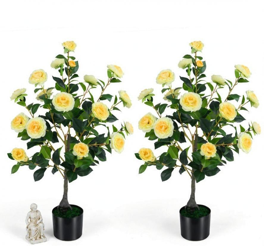 2-Pack Artificial Camellia Tree Faux Flower Plant Cement-Filled Pot Durable Home Decorative Fake Flower Garden Greenery