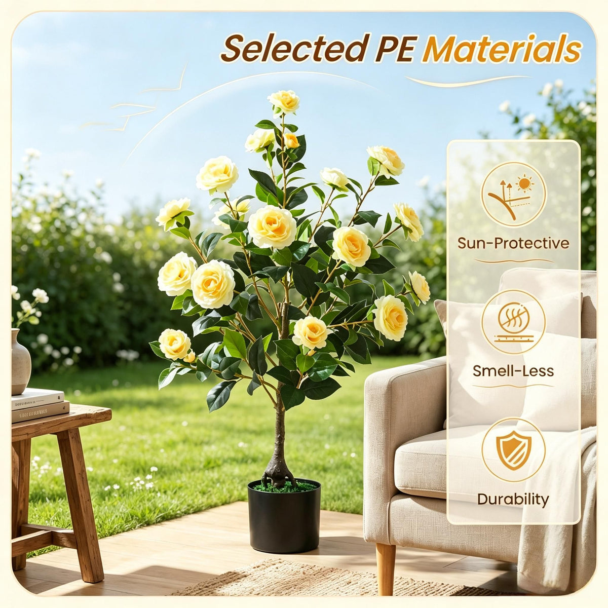 2-Pack Artificial Camellia Tree Faux Flower Plant Cement-Filled Pot Durable Home Decorative Fake Flower Garden Greenery