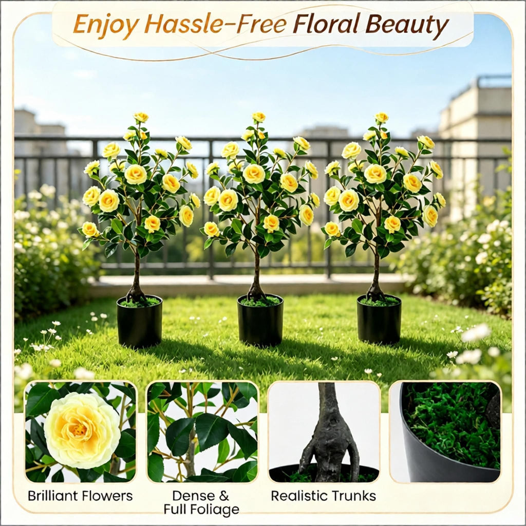2-Pack Artificial Camellia Tree Faux Flower Plant Cement-Filled Pot Durable Home Decorative Fake Flower Garden Greenery