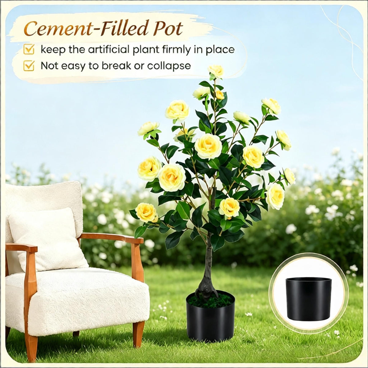 2-Pack Artificial Camellia Tree Faux Flower Plant Cement-Filled Pot Durable Home Decorative Fake Flower Garden Greenery