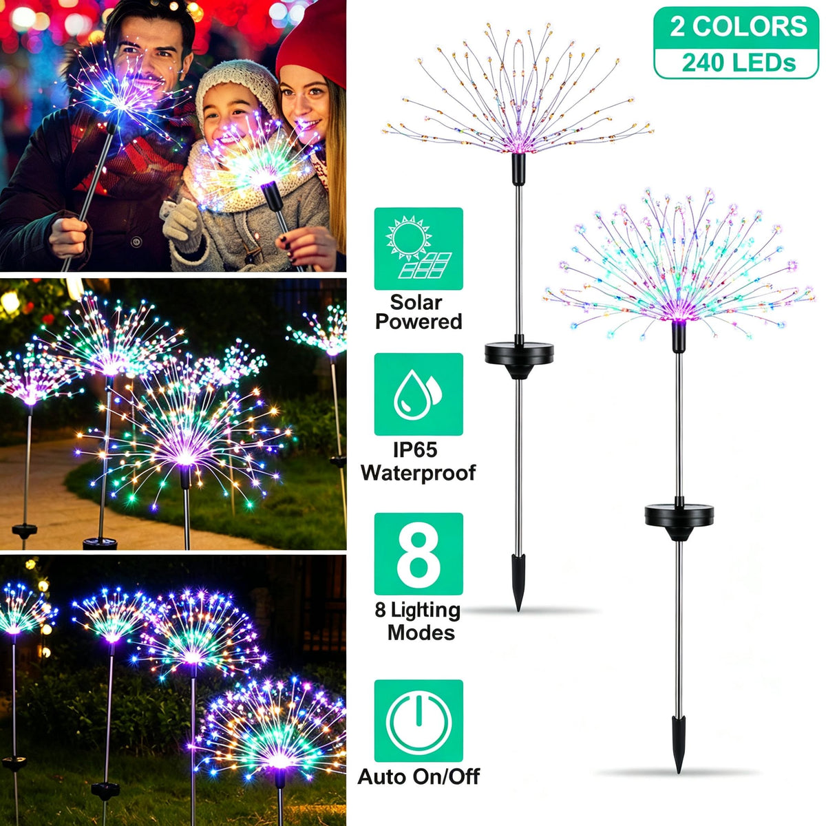240 LEDs Solar Starburst Stake Lights, 2 Pack 120LED Each, 8 Light Modes Multicolor Copper Wire Solar Decorative Lights for Yard Lawn