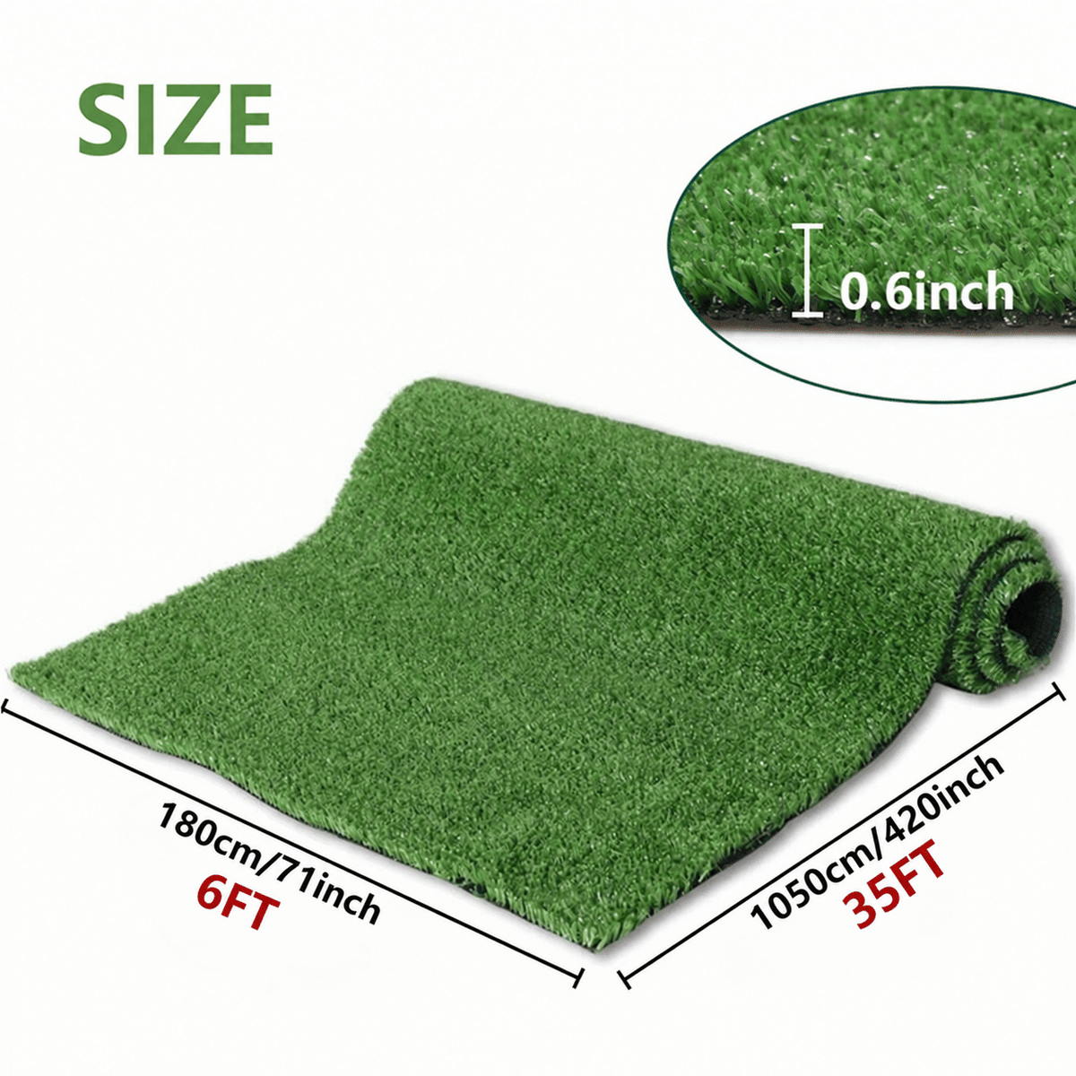 6FT*355FT Artificial Turf, Mat with Drainage Holes. Fake Grass with Rubber Backing, Ideal for Indoor/Outdoor Pet Areas, Garden, Lawn, Patio & Balcony Decor(Grass height 0.6 inches/1.5cm)