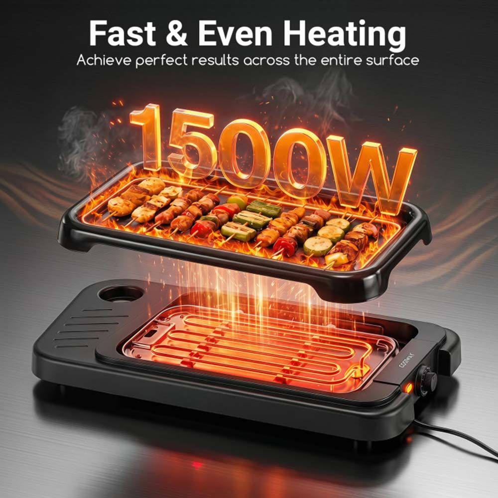 1500W 2-in-1 Electric Grill with Detachable Stand and Dual Plates for Balcony