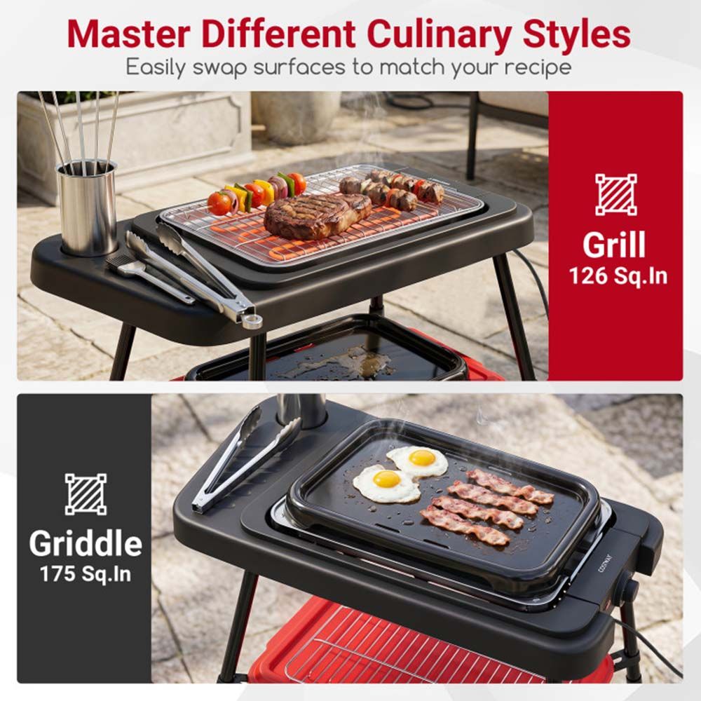 1500W 2-in-1 Electric Grill with Detachable Stand and Dual Plates for Balcony