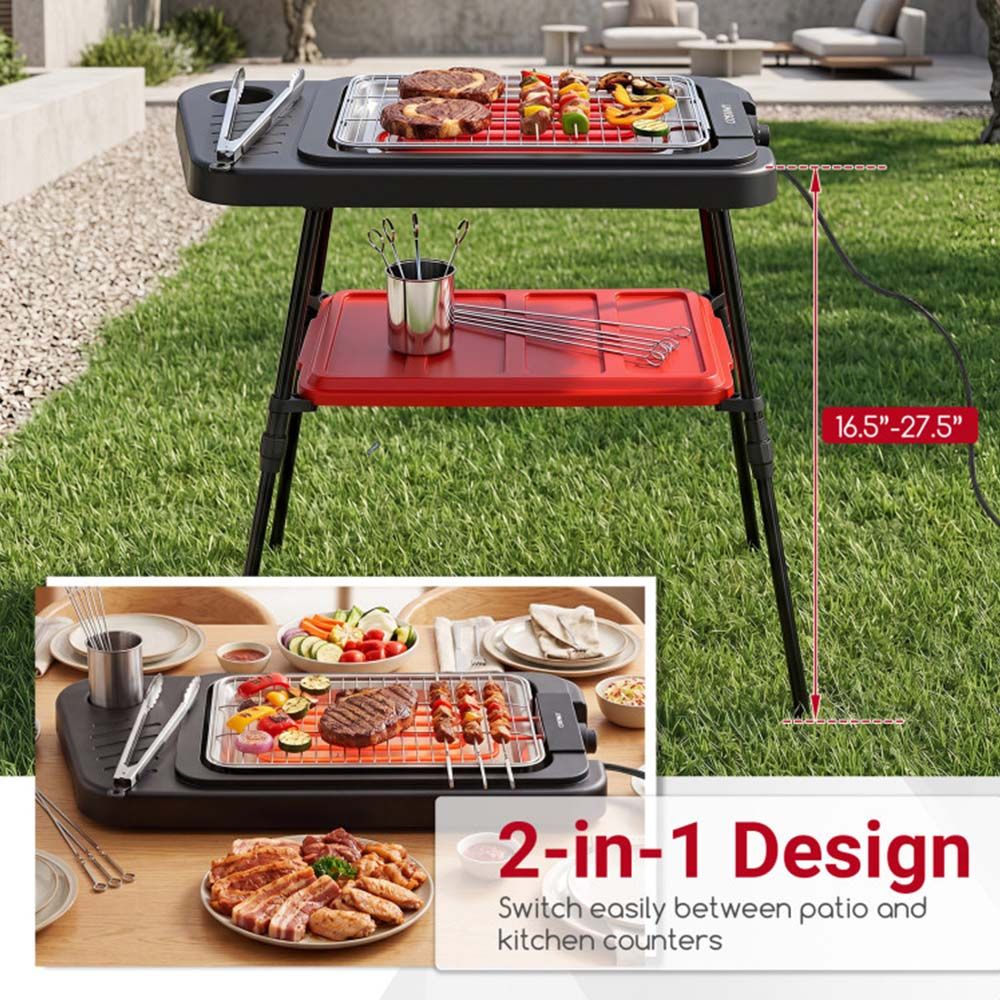 1500W 2-in-1 Electric Grill with Detachable Stand and Dual Plates for Balcony