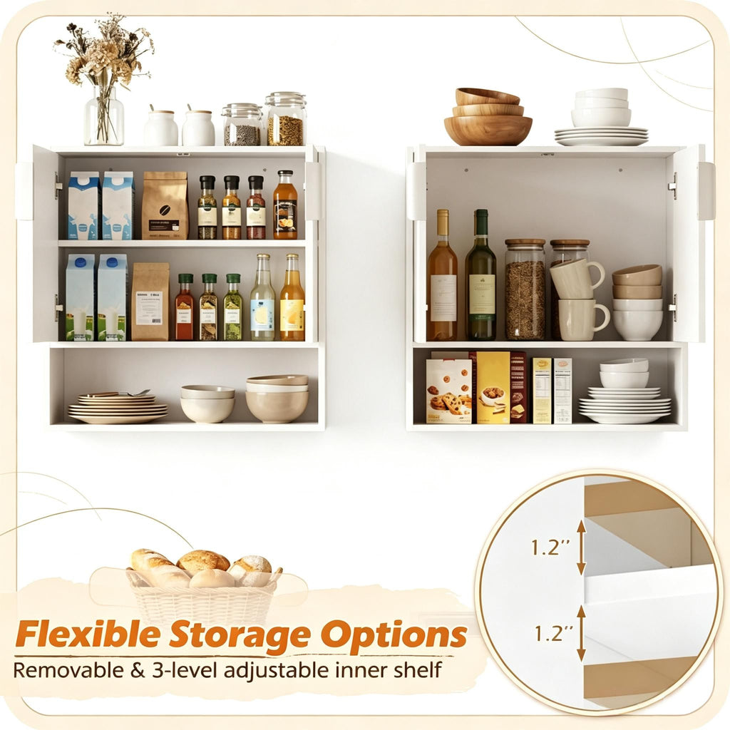 Bathroom Wall Cabinet with 2 Fluted Doors Open Cube And Adjustable Shelf Storage Wood