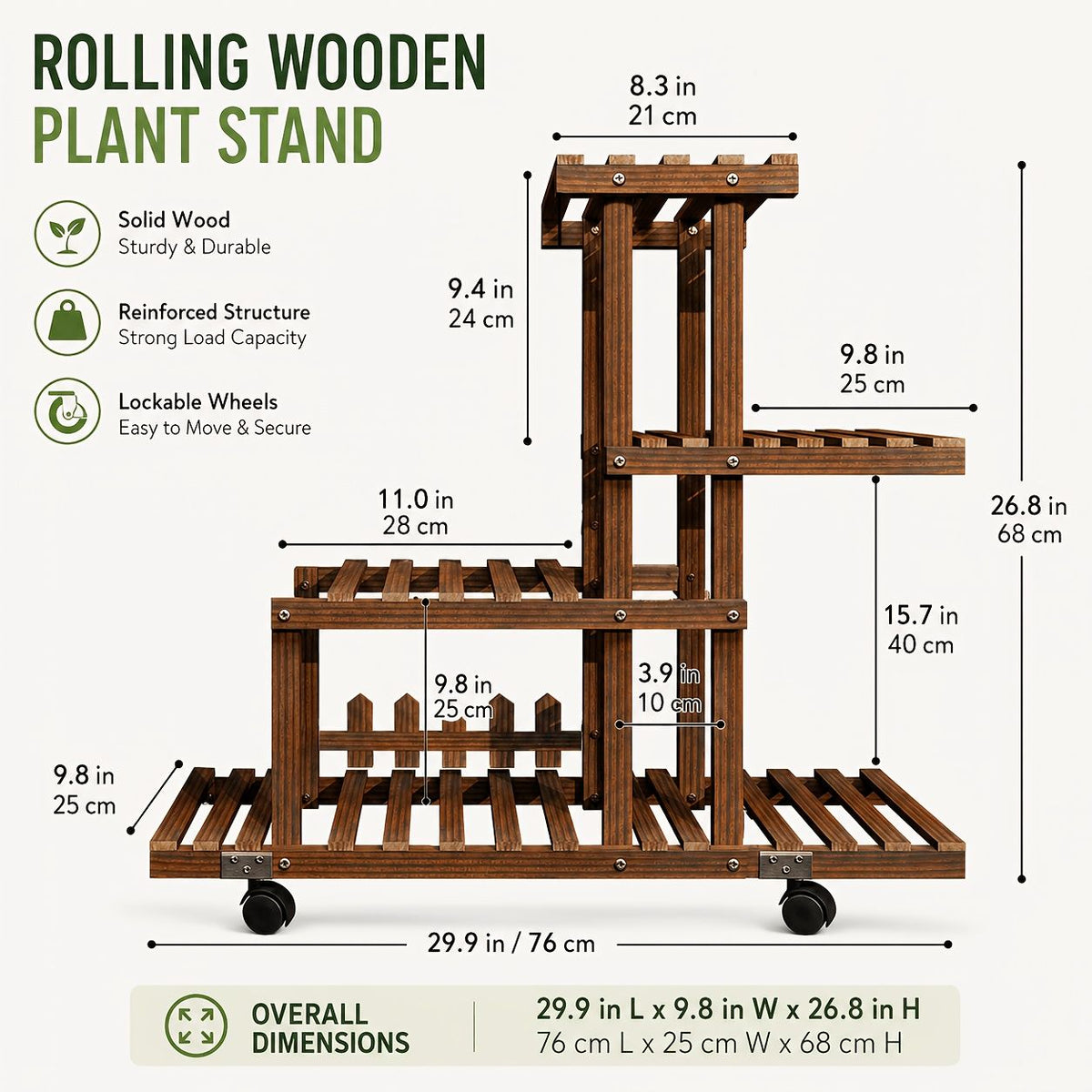 4-Tier Wooden Plant Stand with Wheels, Rolling Multi-Tier Plant Shelf with Lockable Casters, Space-Saving Flower Pot Holder Display Rack for Indoor Living Room, Balcony, Patio And Garden