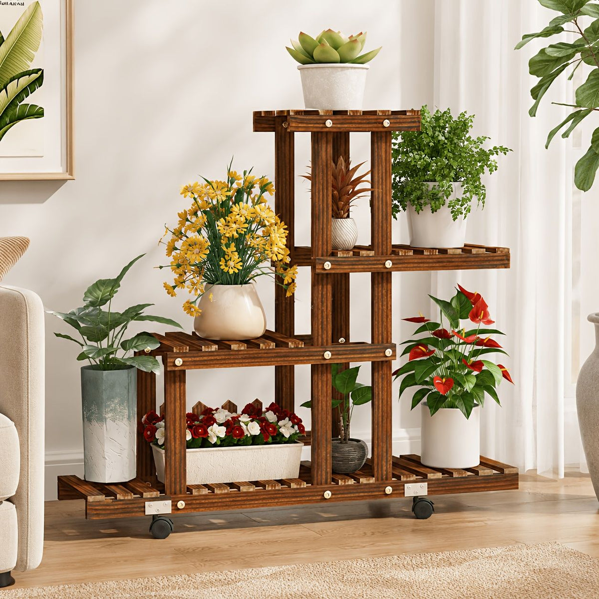 4-Tier Wooden Plant Stand with Wheels, Rolling Multi-Tier Plant Shelf with Lockable Casters, Space-Saving Flower Pot Holder Display Rack for Indoor Living Room, Balcony, Patio And Garden