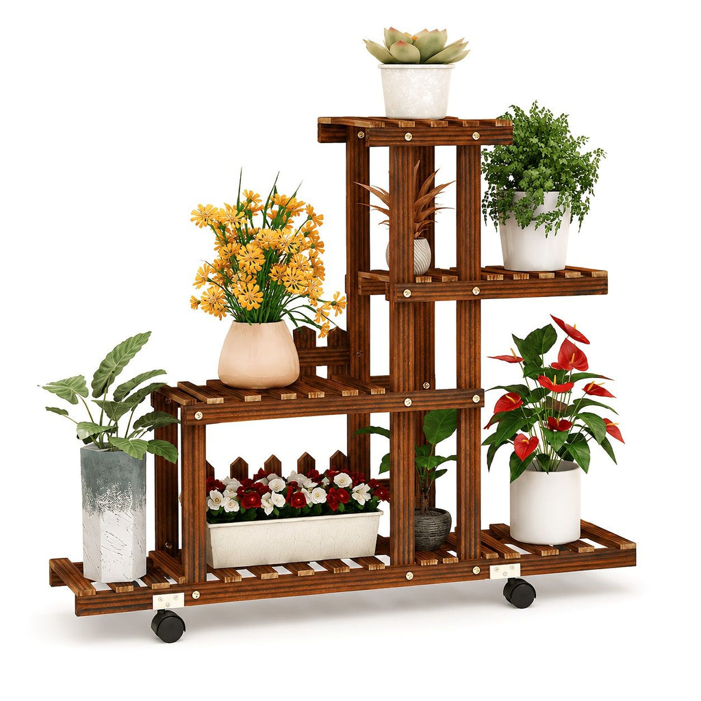 4-Tier Wooden Plant Stand with Wheels, Rolling Multi-Tier Plant Shelf with Lockable Casters, Space-Saving Flower Pot Holder Display Rack for Indoor Living Room, Balcony, Patio And Garden