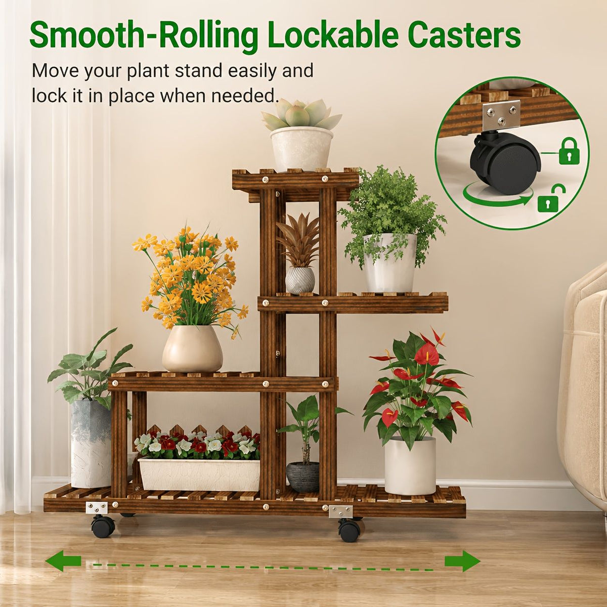 4-Tier Wooden Plant Stand with Wheels, Rolling Multi-Tier Plant Shelf with Lockable Casters, Space-Saving Flower Pot Holder Display Rack for Indoor Living Room, Balcony, Patio And Garden