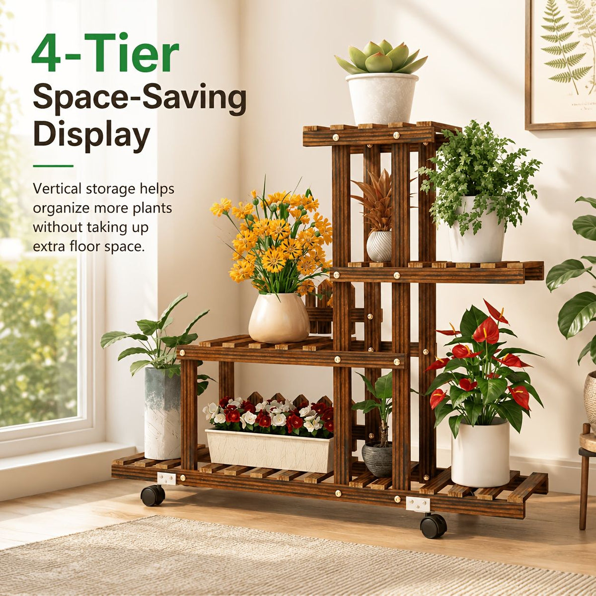 4-Tier Wooden Plant Stand with Wheels, Rolling Multi-Tier Plant Shelf with Lockable Casters, Space-Saving Flower Pot Holder Display Rack for Indoor Living Room, Balcony, Patio And Garden