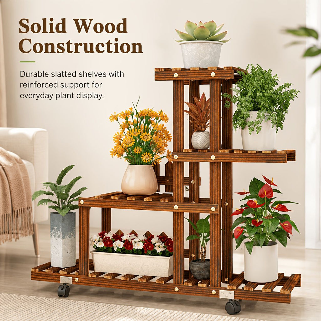 4-Tier Wooden Plant Stand with Wheels, Rolling Multi-Tier Plant Shelf with Lockable Casters, Space-Saving Flower Pot Holder Display Rack for Indoor Living Room, Balcony, Patio And Garden