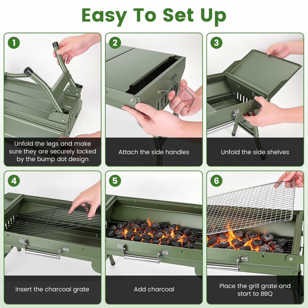 Camping Charcoal Grill, Foldable Portable BBQ Barbecue Grill with Dual Side Panels, Ventilation Holes, Full Set of Grilling Accessories for Lawn & Picnic
