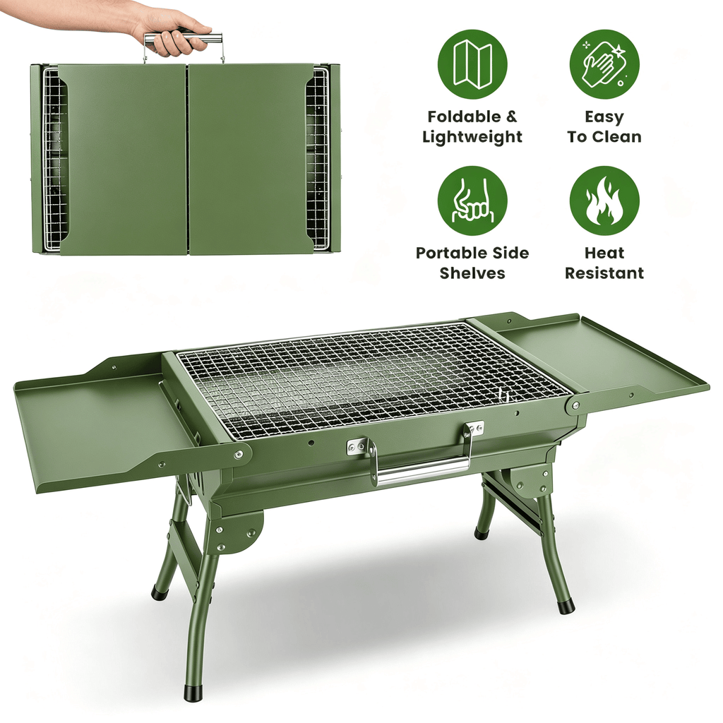 Camping Charcoal Grill, Foldable Portable BBQ Barbecue Grill with Dual Side Panels, Ventilation Holes, Full Set of Grilling Accessories for Lawn & Picnic