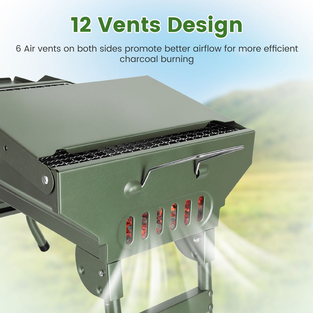 Camping Charcoal Grill, Foldable Portable BBQ Barbecue Grill with Dual Side Panels, Ventilation Holes, Full Set of Grilling Accessories for Lawn & Picnic