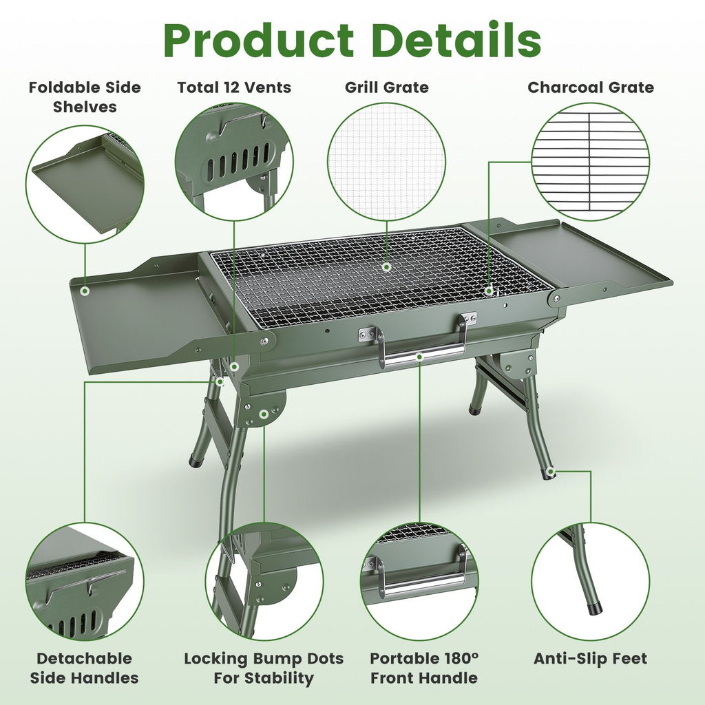 Camping Charcoal Grill, Foldable Portable BBQ Barbecue Grill with Dual Side Panels, Ventilation Holes, Full Set of Grilling Accessories for Lawn & Picnic
