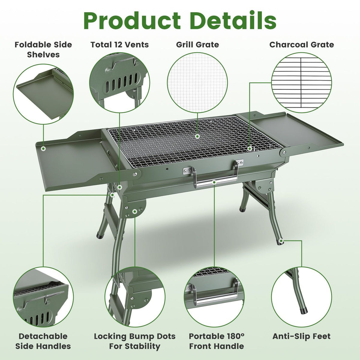 Camping Charcoal Grill, Foldable Portable BBQ Barbecue Grill with Dual Side Panels, Ventilation Holes, Full Set of Grilling Accessories for Lawn & Picnic