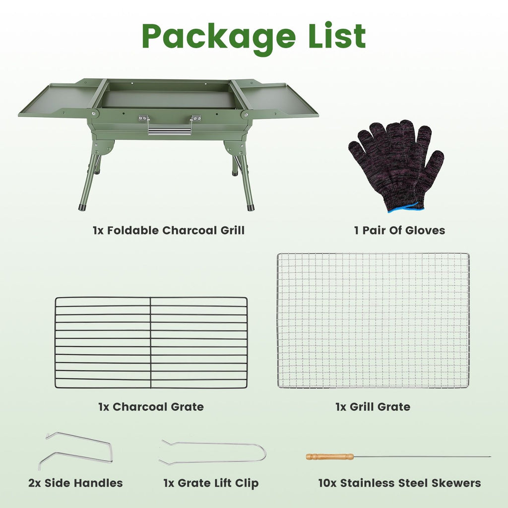 Camping Charcoal Grill, Foldable Portable BBQ Barbecue Grill with Dual Side Panels, Ventilation Holes, Full Set of Grilling Accessories for Lawn & Picnic