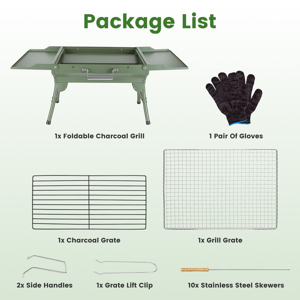 Camping Charcoal Grill, Foldable Portable BBQ Barbecue Grill with Dual Side Panels, Ventilation Holes, Full Set of Grilling Accessories for Lawn & Picnic