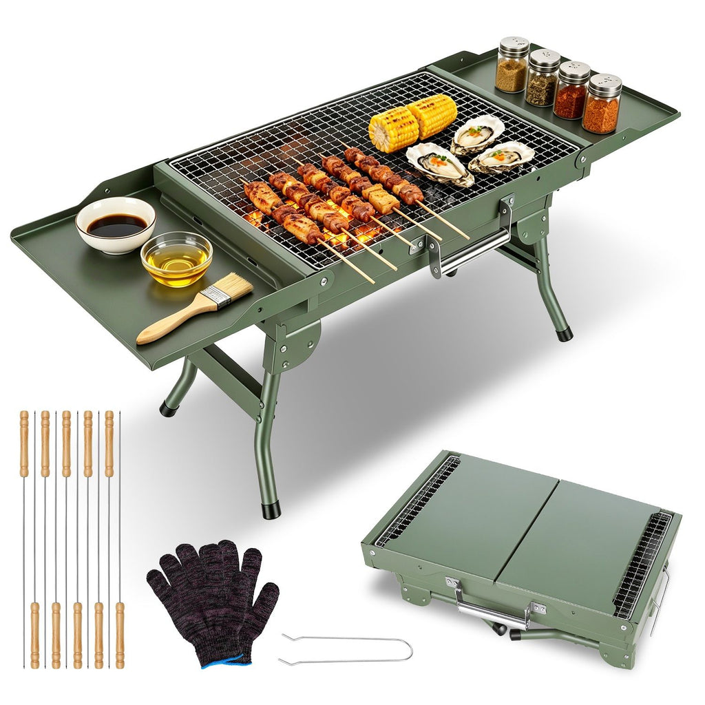 Camping Charcoal Grill, Foldable Portable BBQ Barbecue Grill with Dual Side Panels, Ventilation Holes, Full Set of Grilling Accessories for Lawn & Picnic