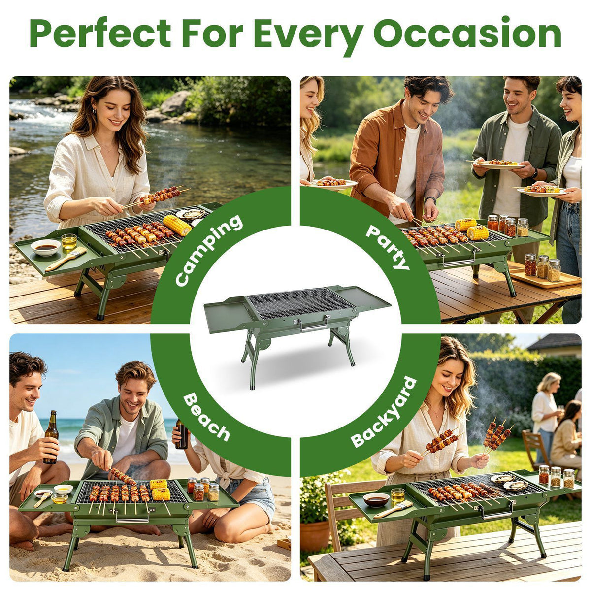 Camping Charcoal Grill, Foldable Portable BBQ Barbecue Grill with Dual Side Panels, Ventilation Holes, Full Set of Grilling Accessories for Lawn & Picnic