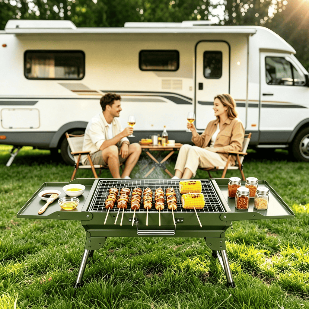 Camping Charcoal Grill, Foldable Portable BBQ Barbecue Grill with Dual Side Panels, Ventilation Holes, Full Set of Grilling Accessories for Lawn & Picnic