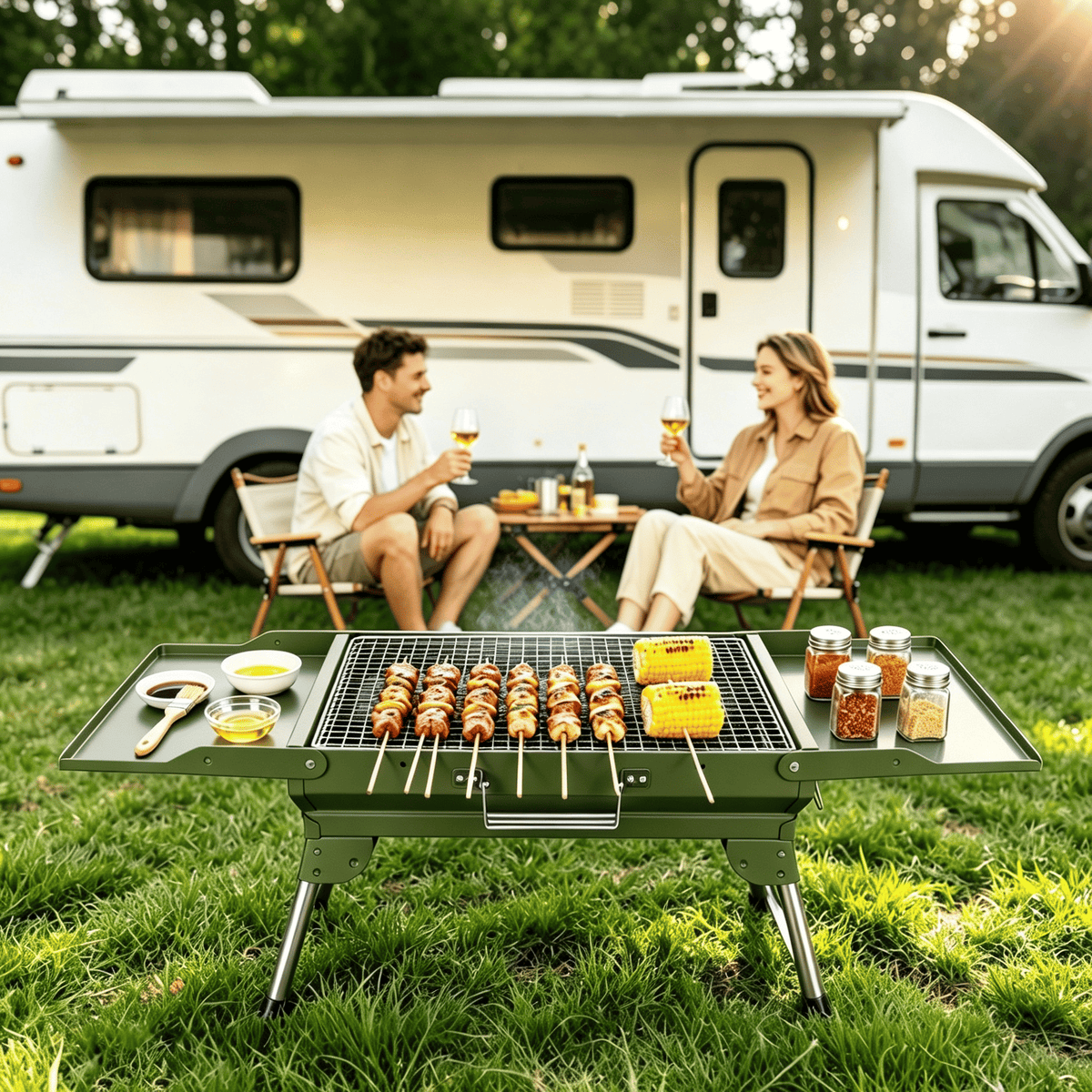 Camping Charcoal Grill, Foldable Portable BBQ Barbecue Grill with Dual Side Panels, Ventilation Holes, Full Set of Grilling Accessories for Lawn & Picnic