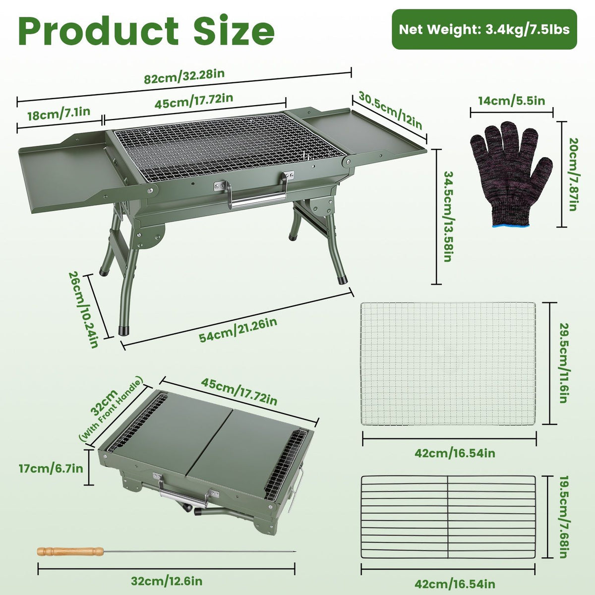 Camping Charcoal Grill, Foldable Portable BBQ Barbecue Grill with Dual Side Panels, Ventilation Holes, Full Set of Grilling Accessories for Lawn & Picnic