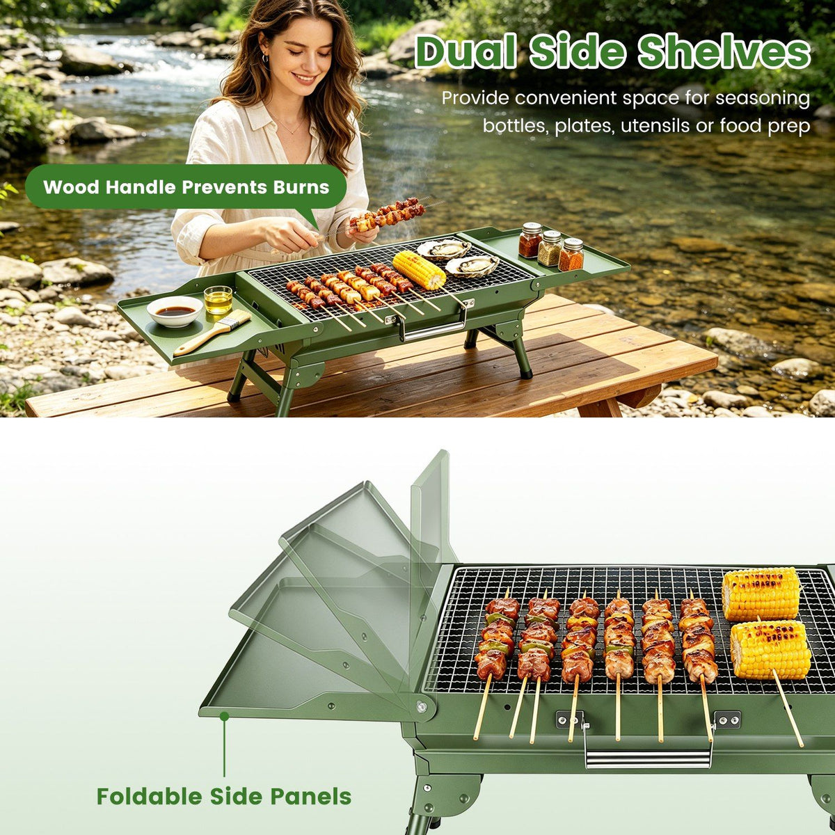Camping Charcoal Grill, Foldable Portable BBQ Barbecue Grill with Dual Side Panels, Ventilation Holes, Full Set of Grilling Accessories for Lawn & Picnic
