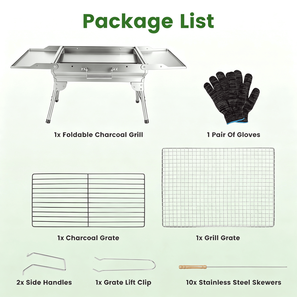 Camping Charcoal Grill, Foldable Portable BBQ Barbecue Grill with Dual Side Panels, Ventilation Holes, Full Set of Grilling Accessories for Lawn & Picnic